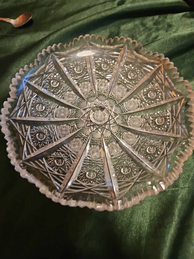 ABP Cut Crystal Glass Candy Nut Dish with Vertical Panels and Queen Lace Pattern