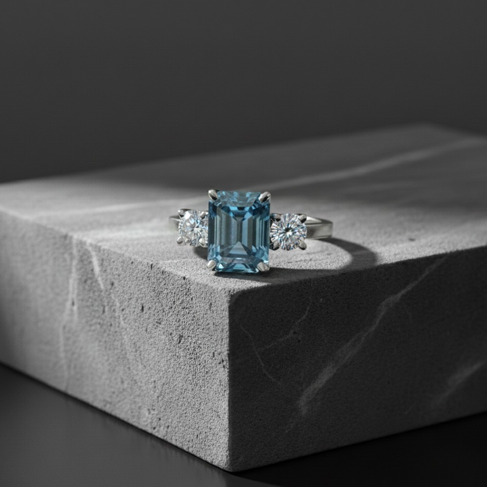 5.00 Ct Blue Emerald Cut Certified Lab Grown Diamond Ring in 925 Sterling Silver