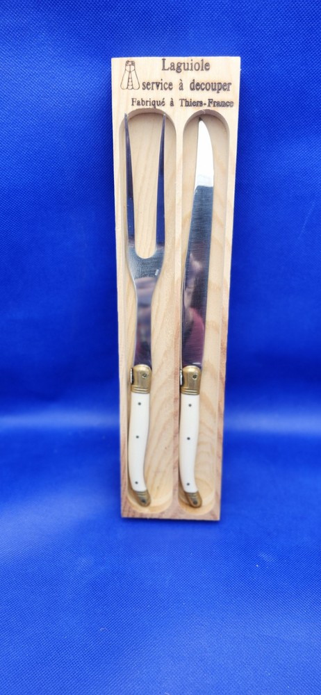 Meat Carving Set 2 Pcs Laguiole Jean Dubost Ivory Handles Brass Accents