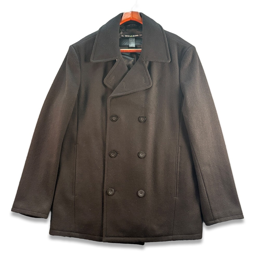 DKNY Men's Black Wool Blend Double Breasted Pea Coat Size L
