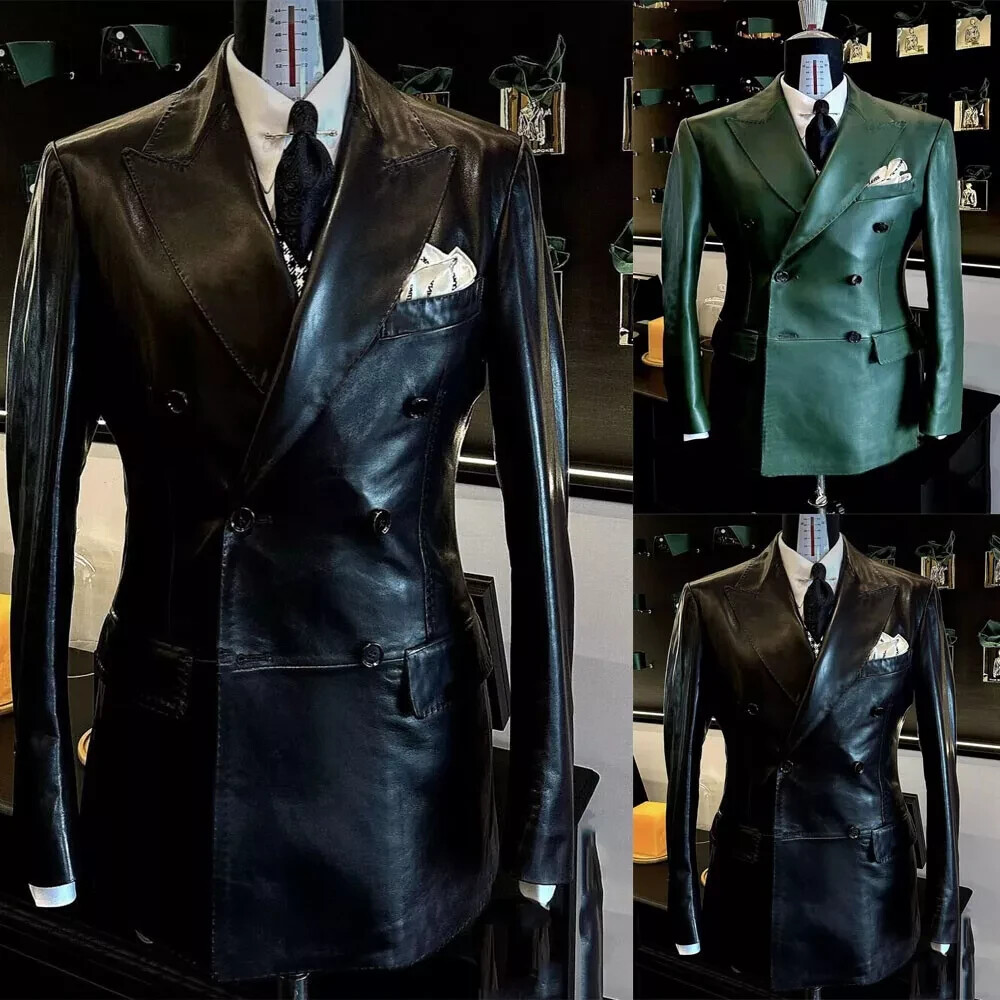 Men's Black Leather Double Breasted Suit Jacket with Wide Peak Lapel