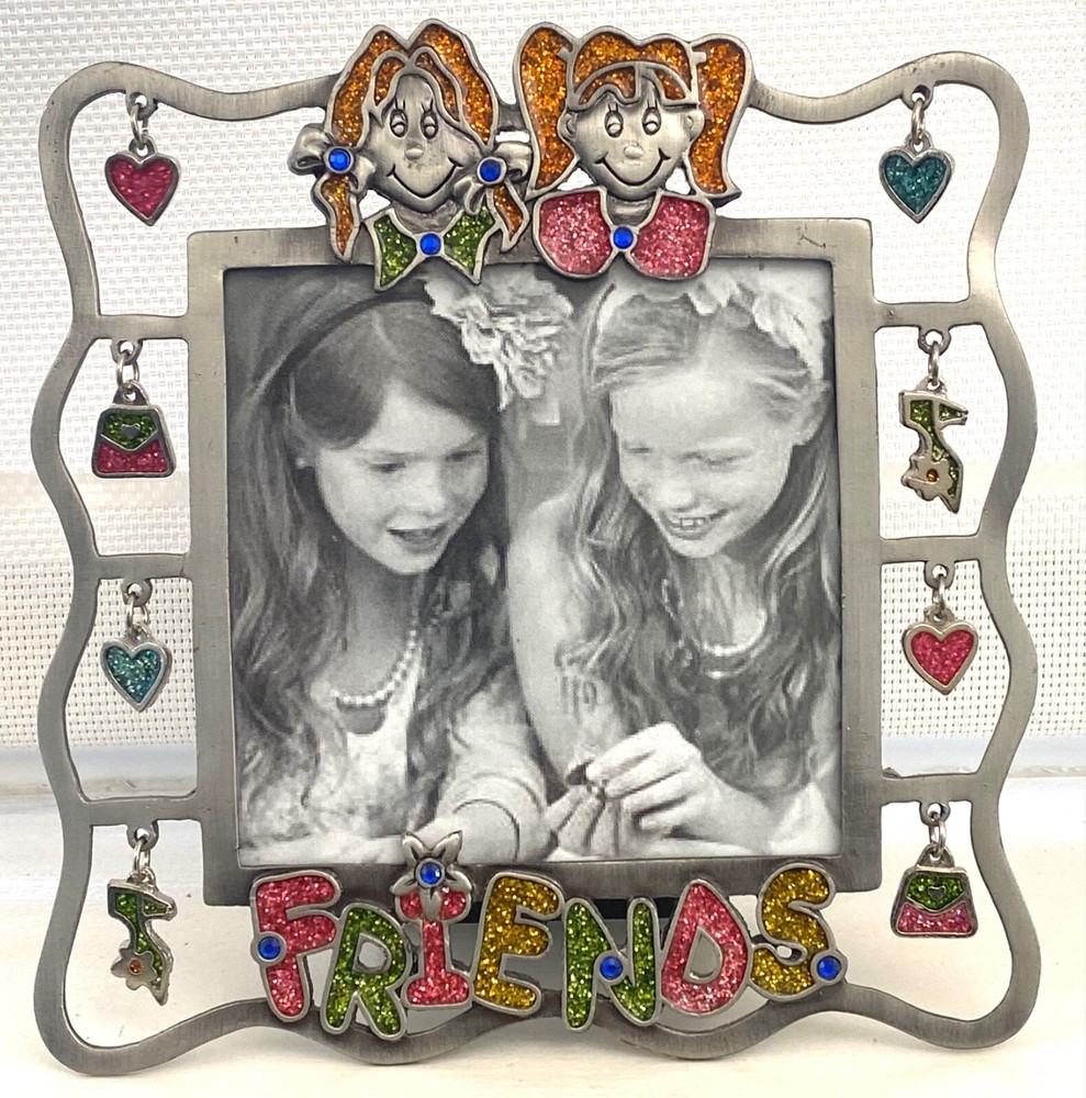 Silver Metal Glittered Friends w/Hanging Charms Accents 4x4 Photo Frame