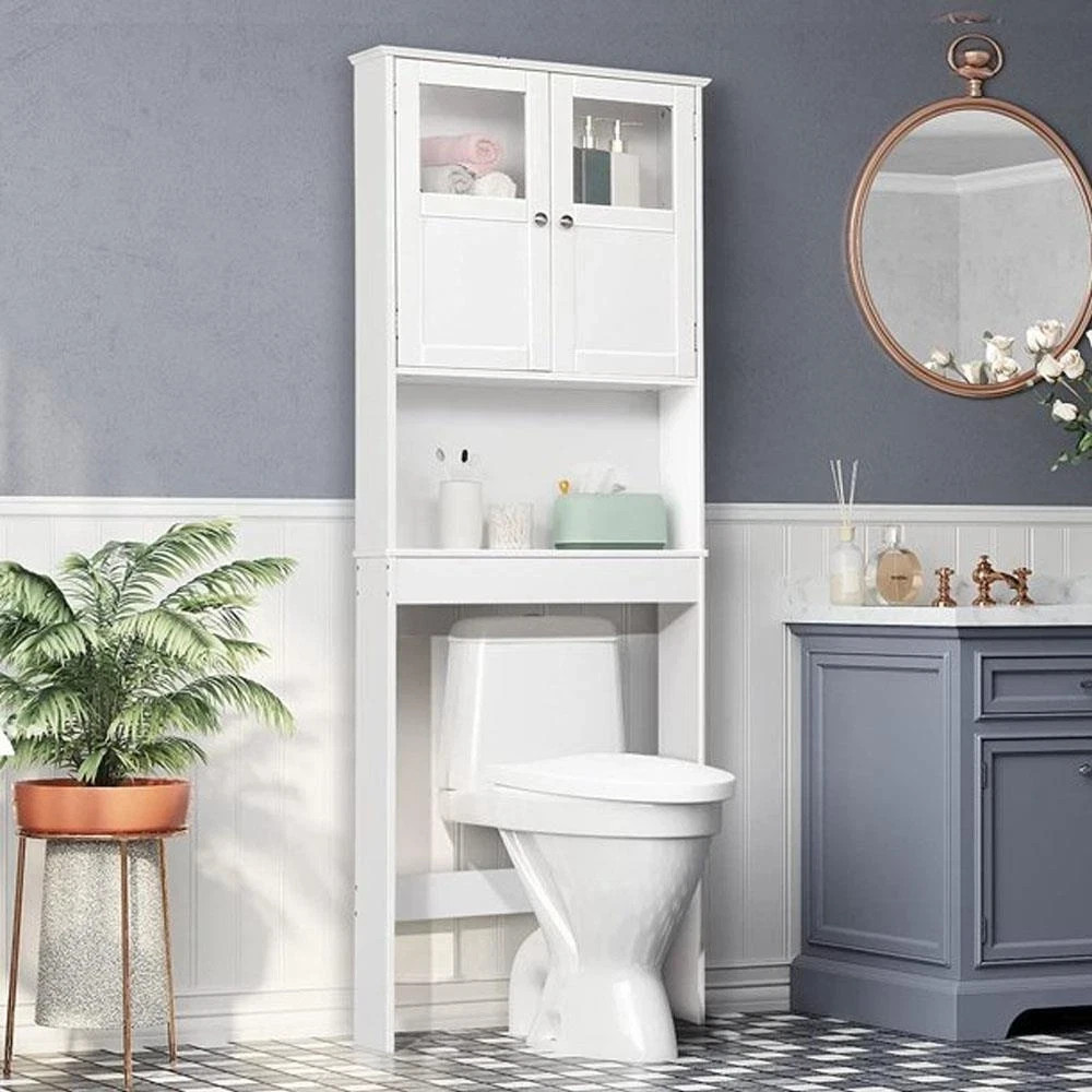 Over-the-toilet storage cabinet with anti-tip bathroom shelf organizer