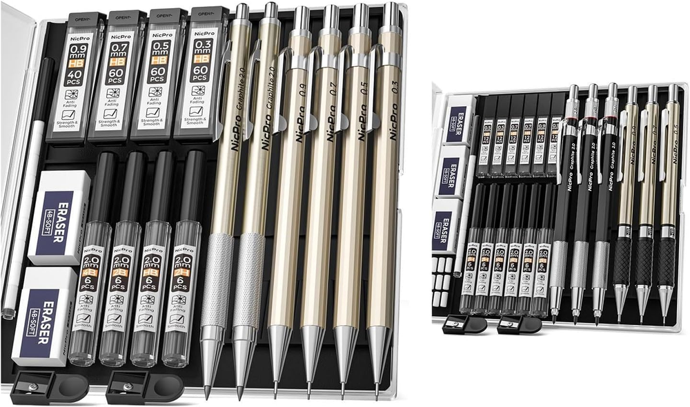 6 PCS+ 6 PCS Mechanical Pencil Set 0.3 Mm, 0.5 Mm,0.7 Mm, 0.9 Mm, 2Mm