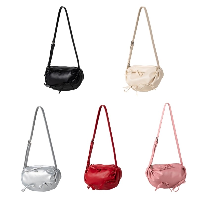 Trendy Soft PU Leather Shoulder Bag with Bows Zippered Crossbody Bag for Women