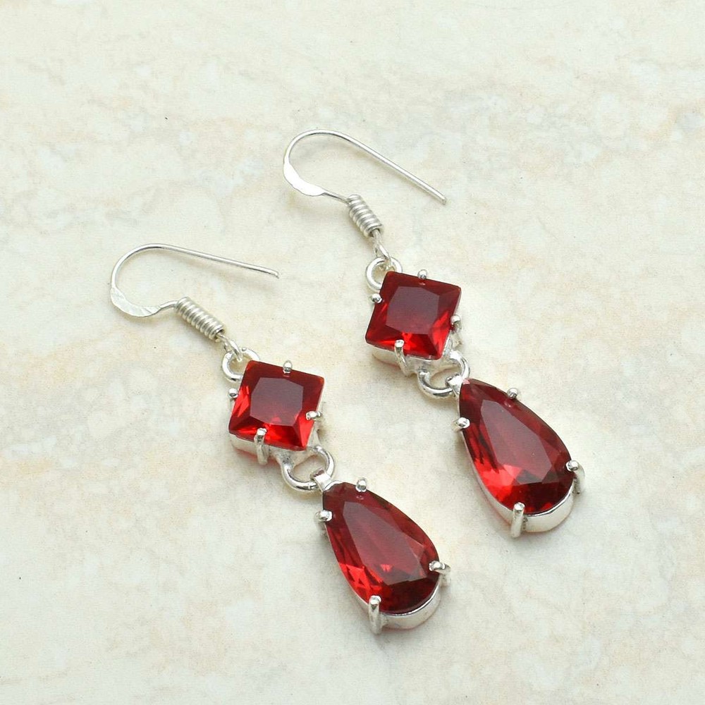 Handmade Garnet Gemstone Drop Dangle Earrings 2.16 Inches AE-4754