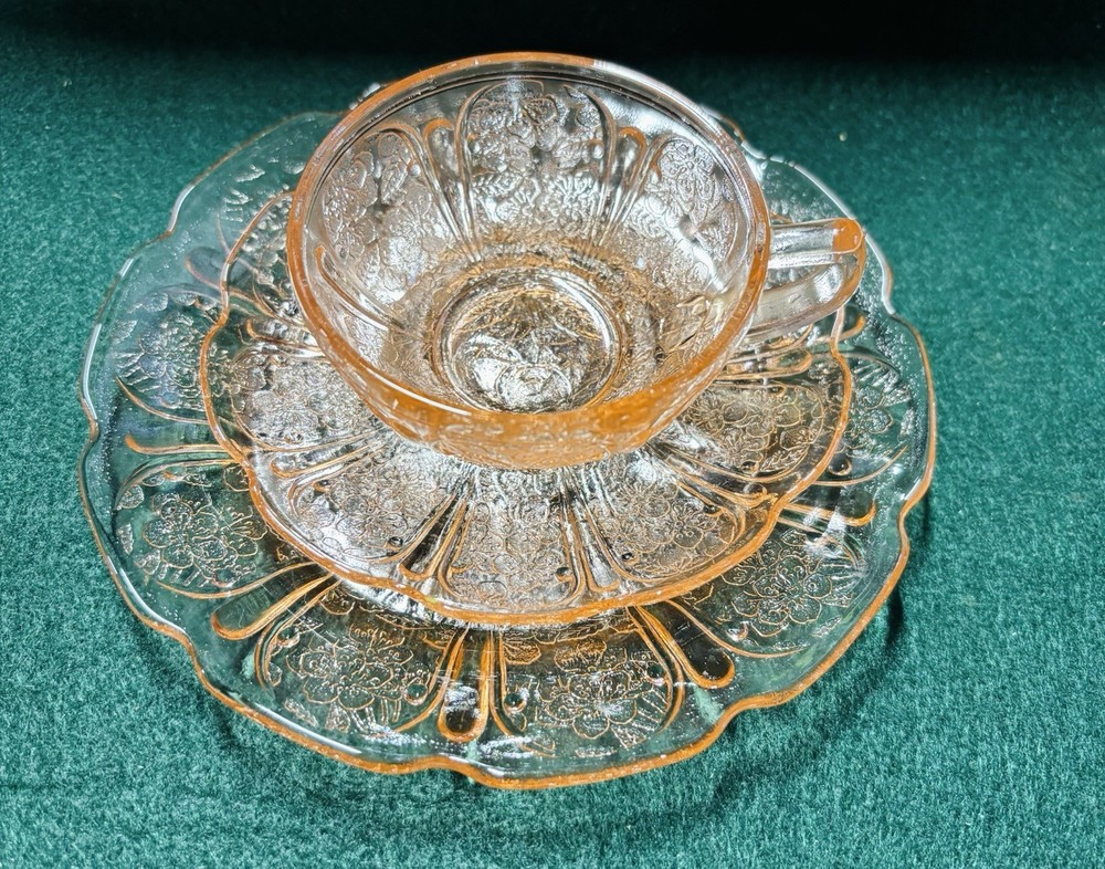 Cherry Blossom Junior Dinner Set 3 Pc Pink Depression Glass Jeannette's Doric