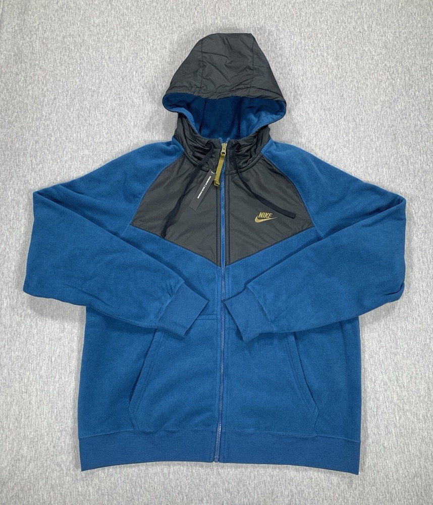 Nike Polar Fleece Windrunner Full Zip Hoodie Jacket Blue Black 929114-474 Men L