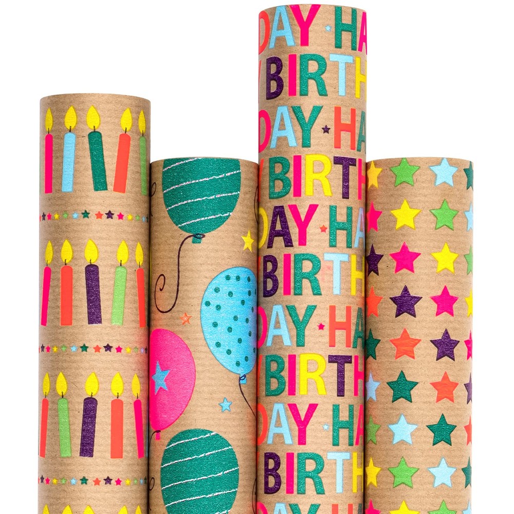 Wrapping Paper Kraft Paper - Colorful Birthday Text Wrap Design - 4 Rolls - 3...