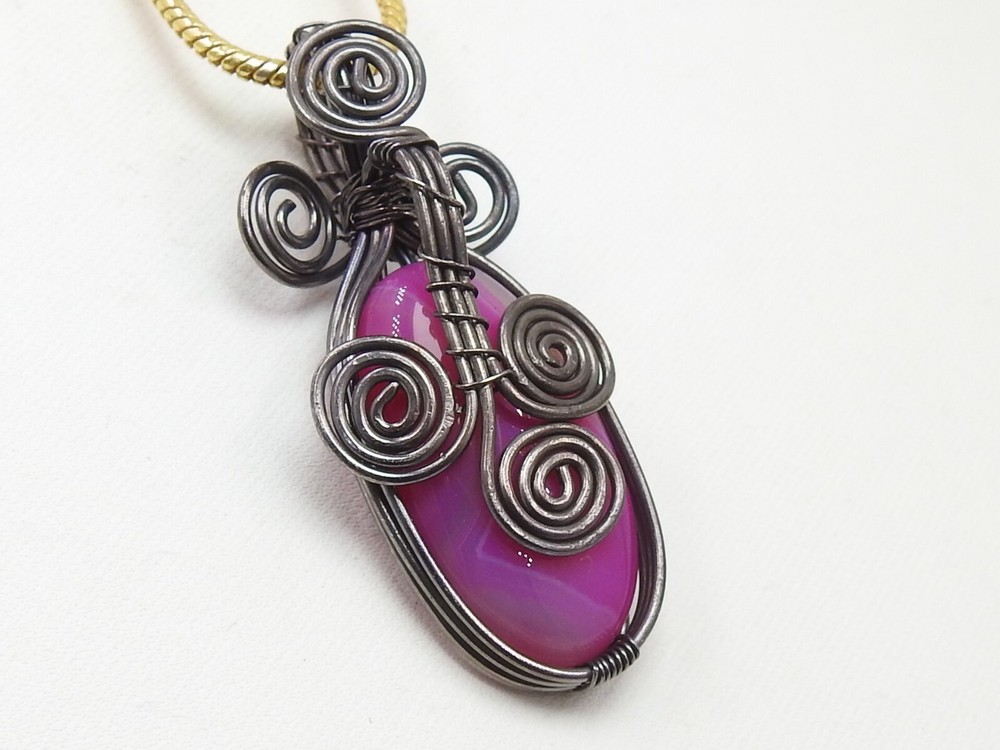 Pink Strip Agate Brass Pendant Silver Oxidised Polished Wire Wrapped Jewelry