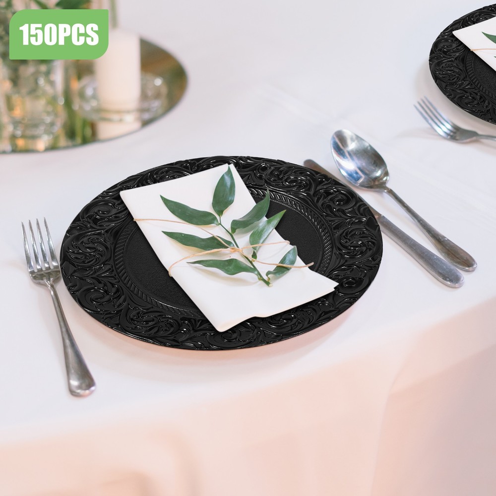 150 Black Plastic Plates Set -  Disposable Dinner Plates Bulk Pack for Par