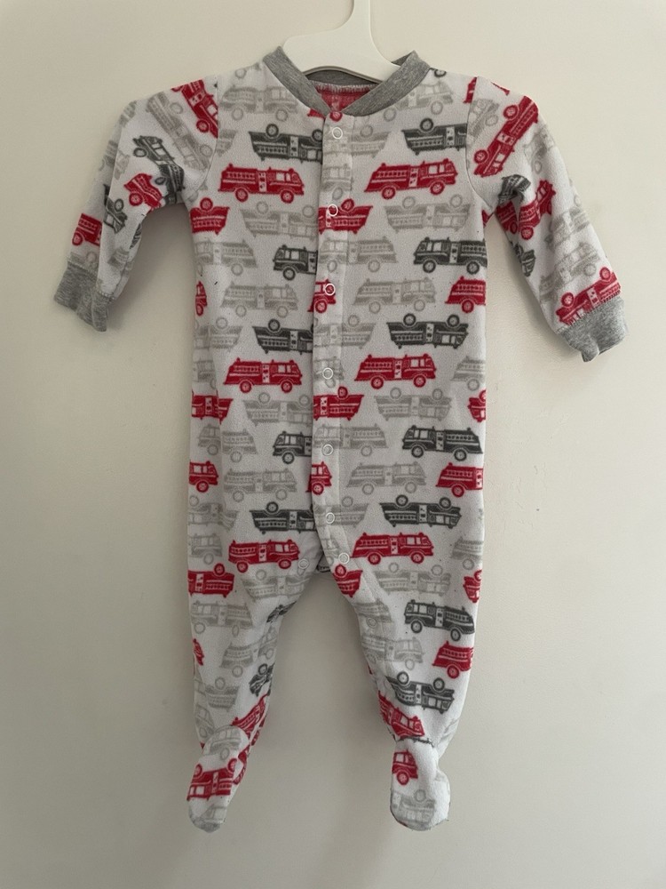 Carter's Baby Boys Allover Fire Trucks Cozy Fleece Snap-Up Sleep & Play White 6M