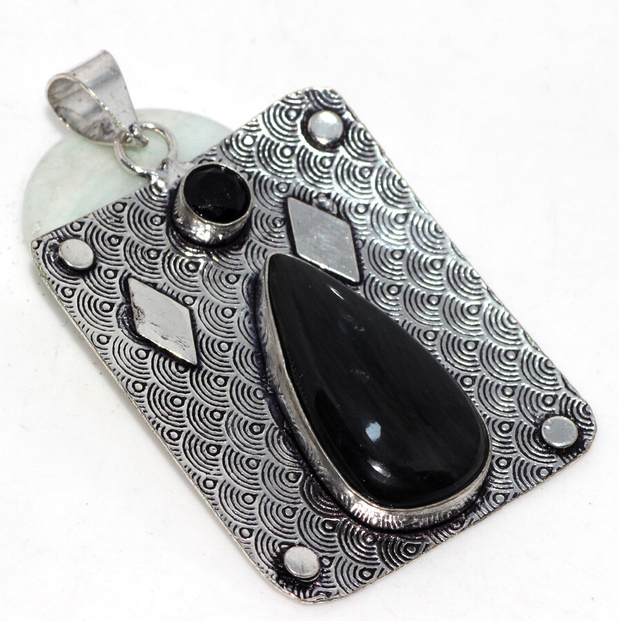 Black Obsidian Black Onyx 925 Silver Plated Pendant 2.1
