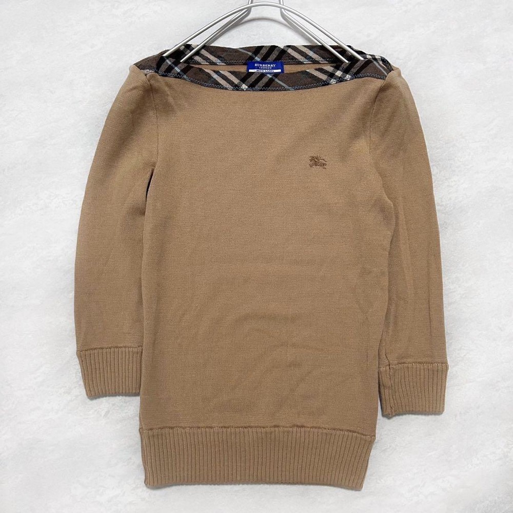 Burberry Blue Label Knit Off Shoulder Beige Wool Top, Embroidered Logo, Size 38