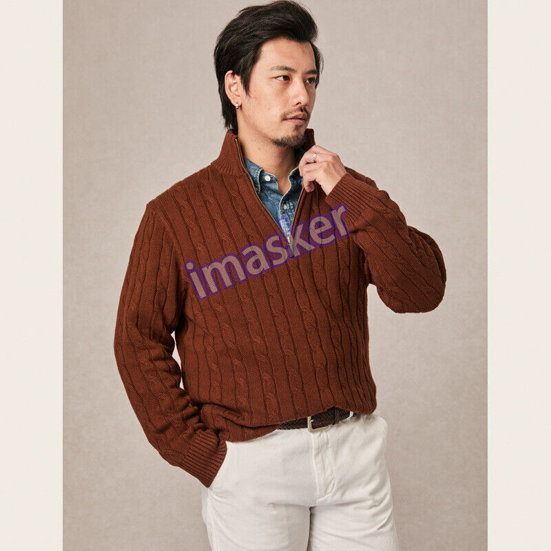 Retro American Style Mens Half High Mock Neck Knitwear Zip Pullover Sweater Knit