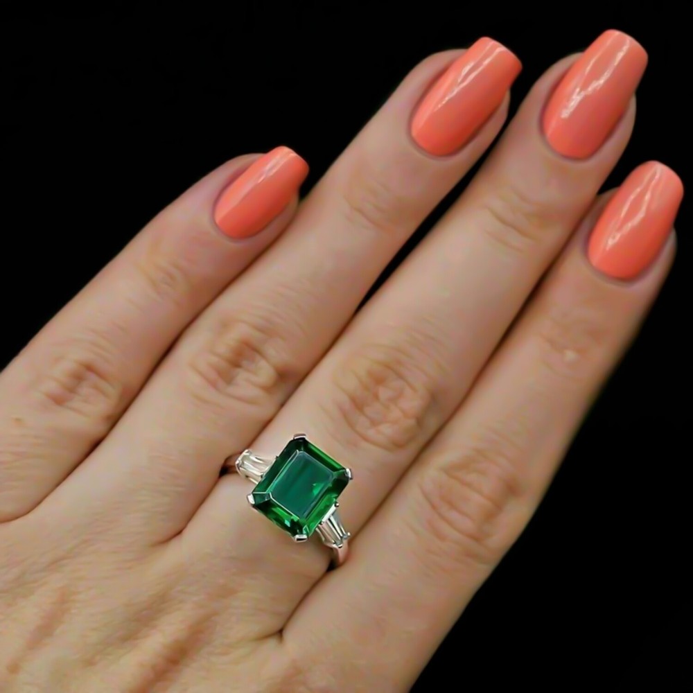 Certified 3.80 Ct Natural Emerald & Diamond Engagement Ring 14K Solid White Gol