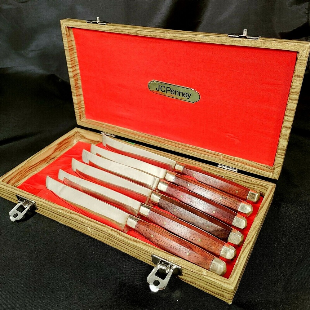 Vintage JCPenney 6-Piece Brass & Wood Steak Knives Solid Tang R6 Set