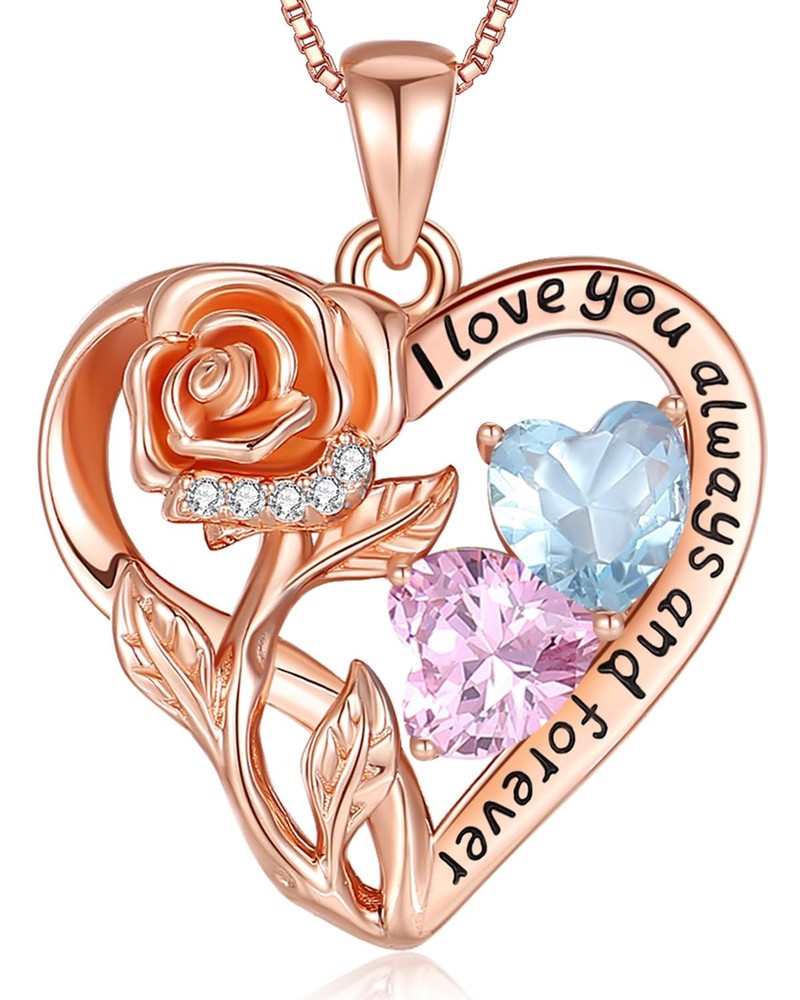 925 Sterling Silver Double Birthstone Rose Flower Heart Jewelry Necklaces for...
