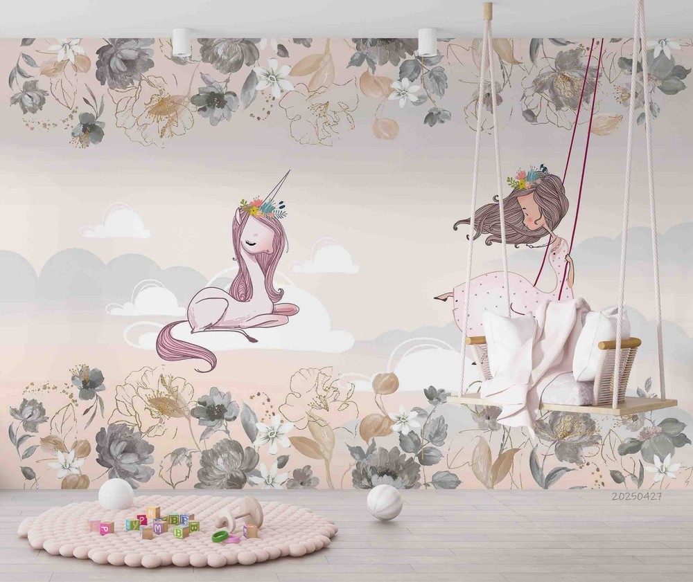 3D Unicorn Girl Flowers Illustration Wall Murals Wallpaper Murals Wall Sticker