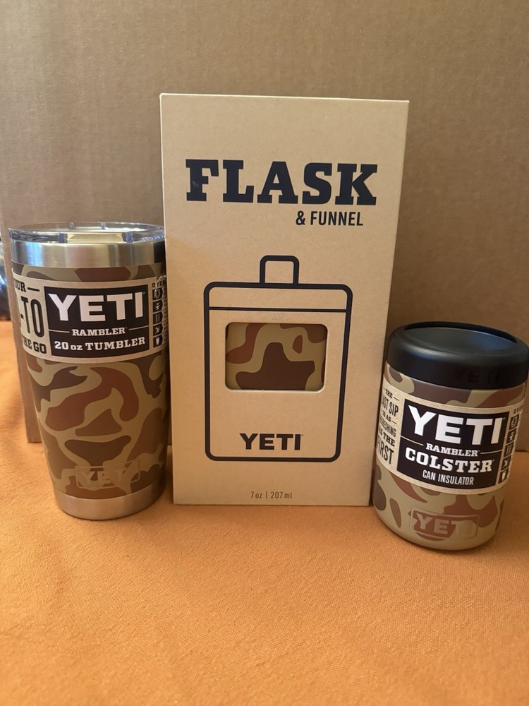 YETI WETLANDS CAMO BUNDLE #2/FLASK & FUNNEL-20 oz TUMBLER-RAMBLER COLSTER/NEW!!