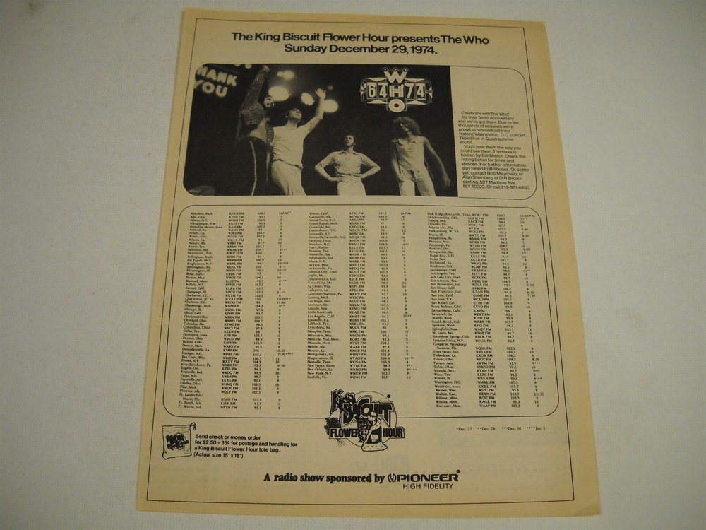 The WHO on King Biscuit Flower Hour December 29, 1974 original Promo Poster Ad