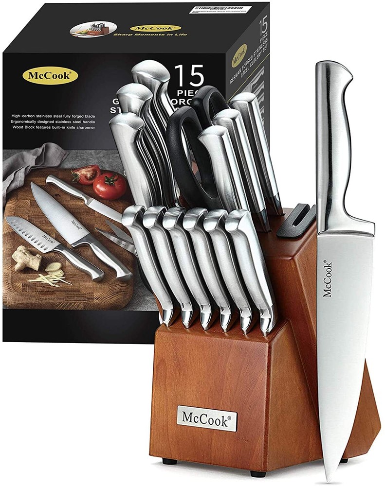 Knife Set, 15-Piece Kitchen Knife Set with Block Wooden German Stainless Steel