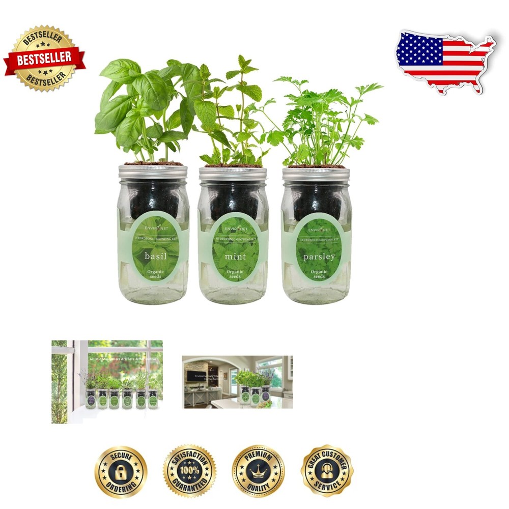Indoor Organic Herb Garden Starter Kit with Non-GMO Seeds – Basil, Mint, Parsley