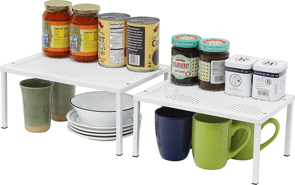 Expandable Stackable Kitchen Counter Shelf Organizer, White, Metal Top, 11.25