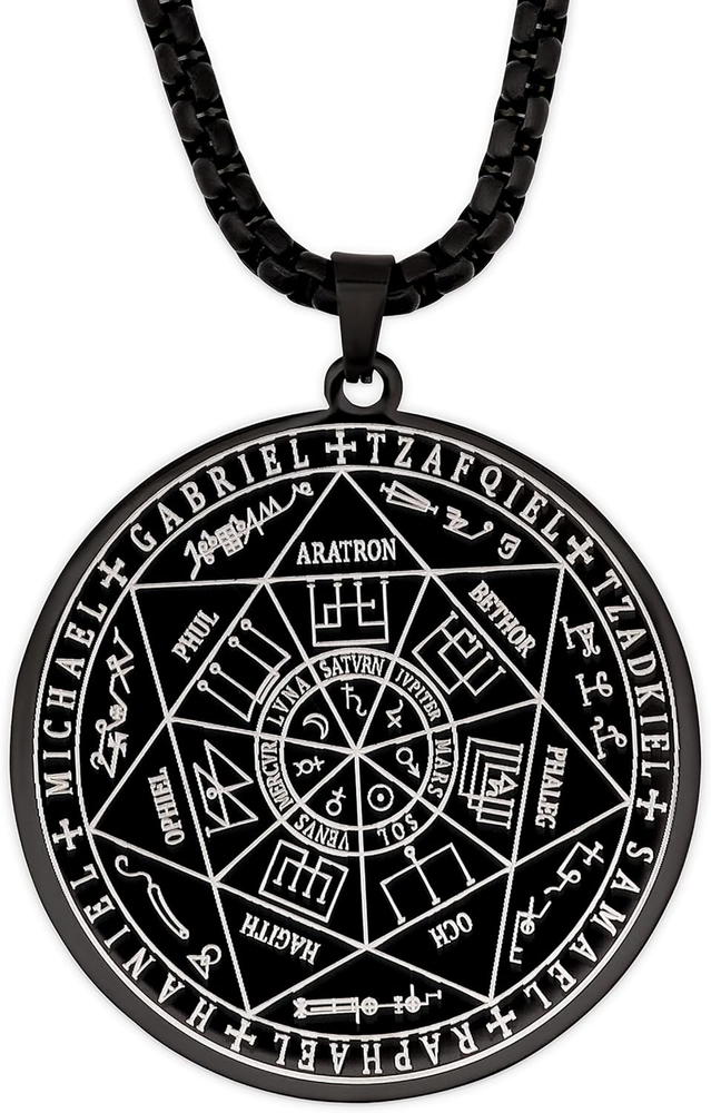 Black Plated Stainless Steel Seal of the Seven Archangels Medallion Pendant Neck