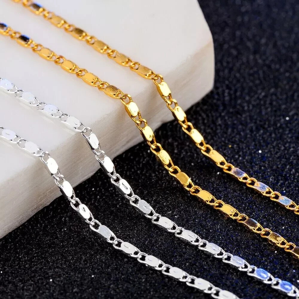2mm Men Woman 925 Silver Plated Flat Sequins Sparkling Chain Necklace 16-30''