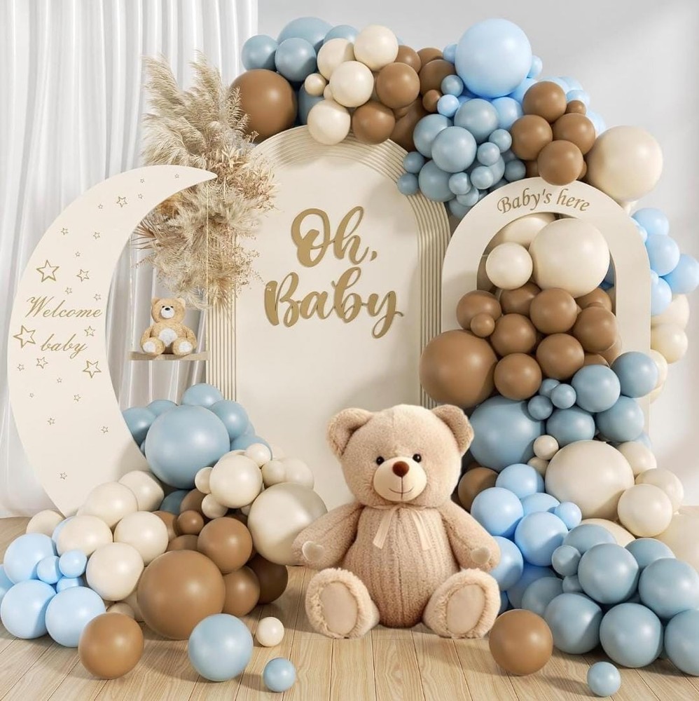 146Pcs Dusty Blue and Brown Balloon Arch Kit, Bear Baby Shower Decorations