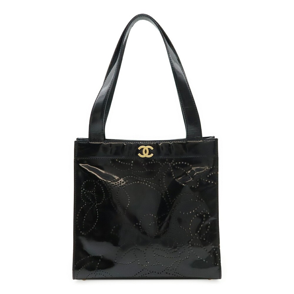 Chanel Black Coco Mark Camellia Punched Enamel Tote Bag Pre-Owned with Signs of Wear