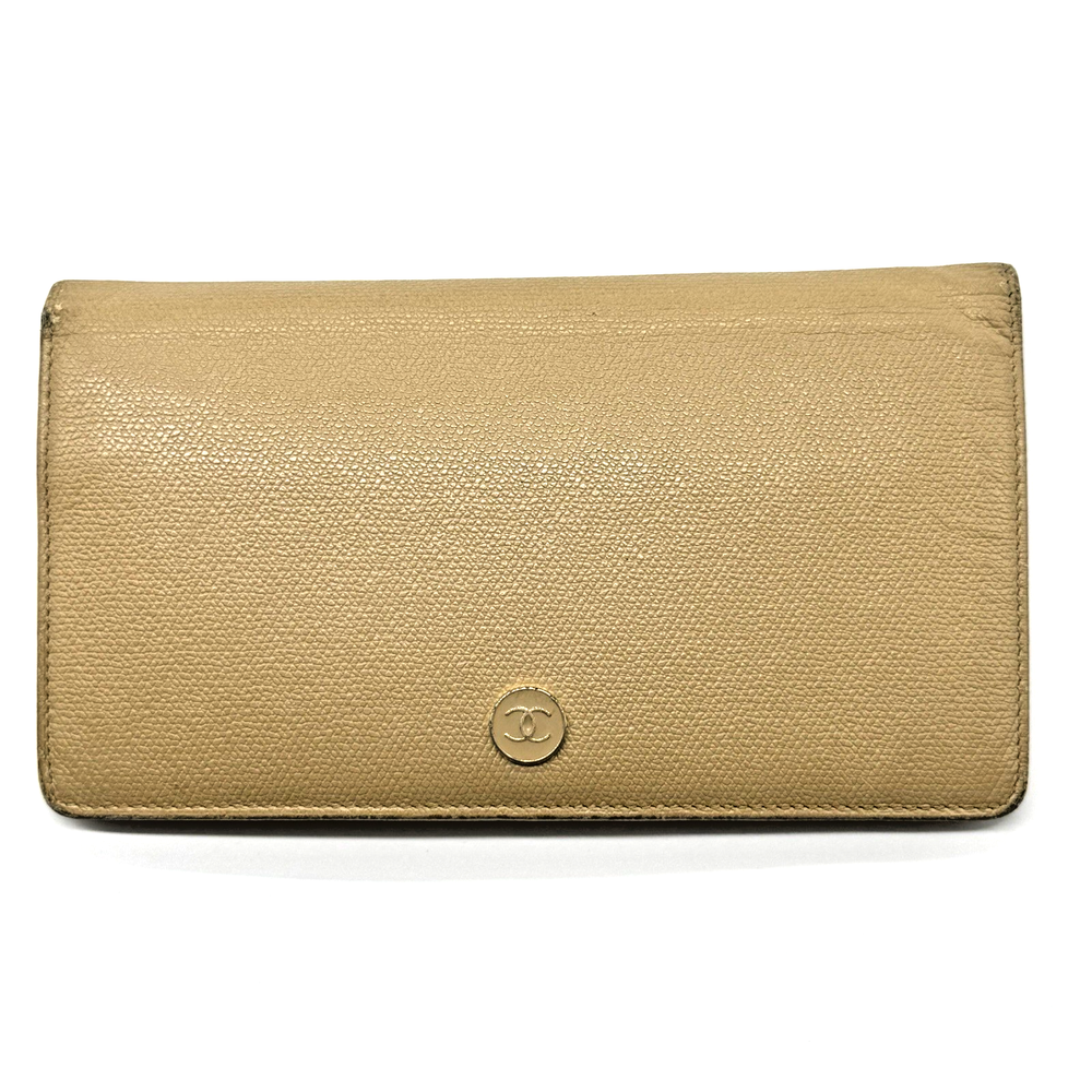 CHANEL Authentic Coco Mark Leather Long Wallet Beige with Coco Button