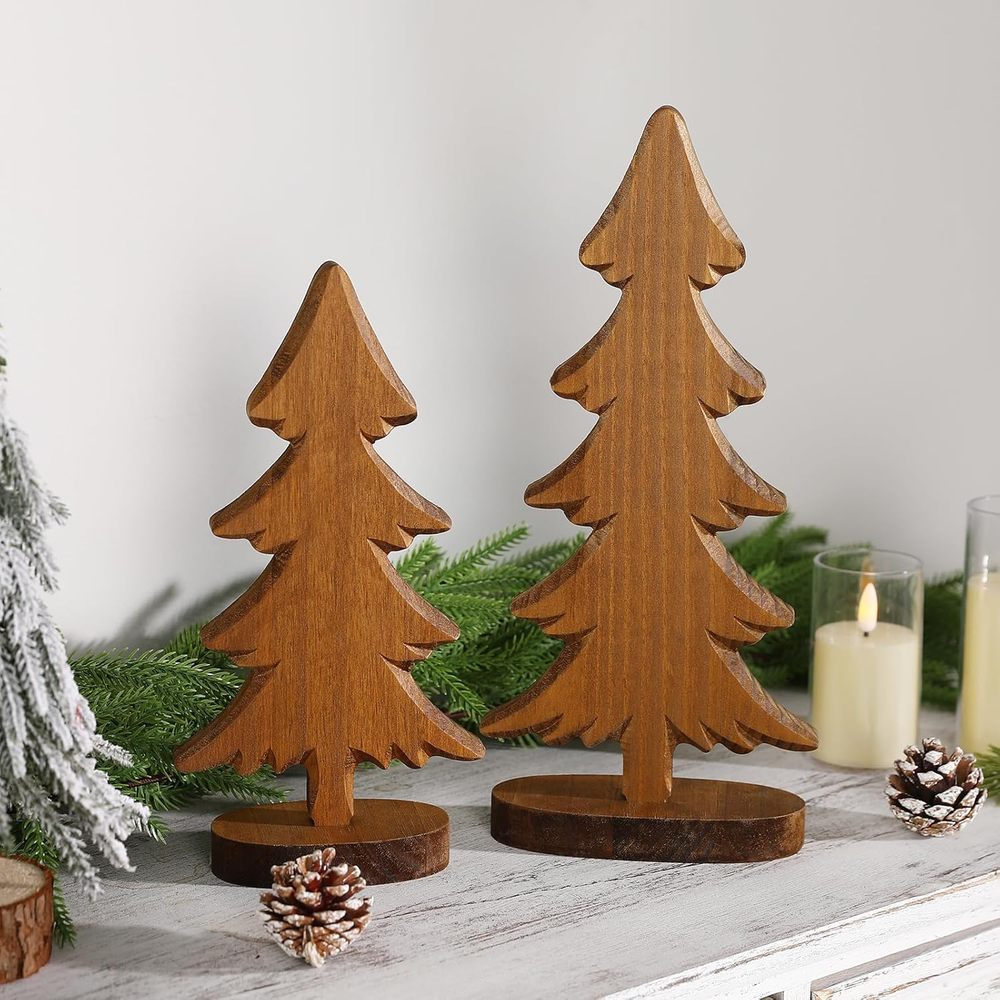 Christmas Decorations-2Pcs Natural Wood Christmas Trees Tabletop Sign-Vintage In