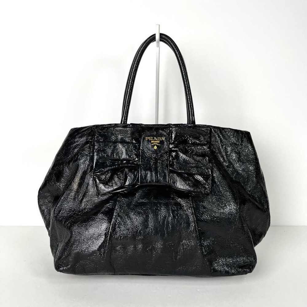 Prada Black Ribbon Patent Leather Tote Bag