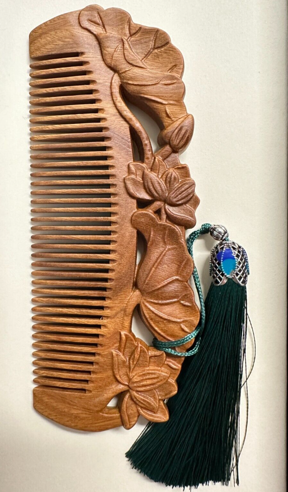 Double-sided carved sandalwood comb, vintage style gift.