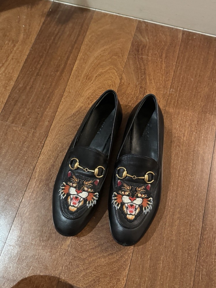Gucci Black Angry Cat Leather Loafers Size 36.5 Horsebit Accent
