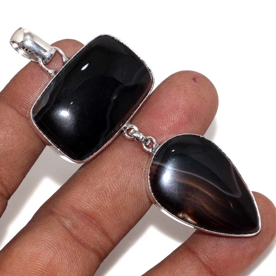 Banded Black Onyx 925 Silver Plated Gemstone Long Pendant 3.1