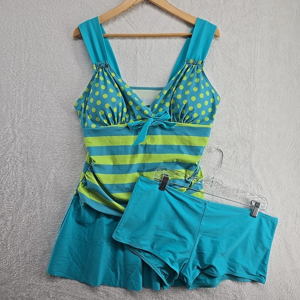 Women's Tummy Control Tankini Swim Dress High Waist Two Piece XL  