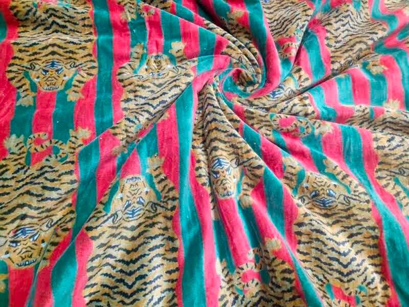 Indian Hand block Tiger Printed Soft Crushed Velvet Fabric Sewing  Upholstery