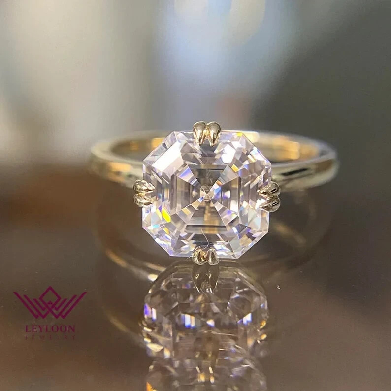 3.5 Carat Asscher Cut D Colorless Double Prong Solitaire VVS Moissanite 10K Ring