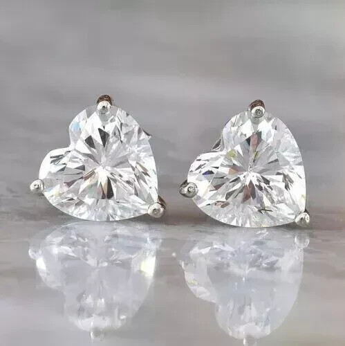 Women Solitaire Stud Earring 14k White Gold Over 1Ct Heart Cut Simulated Diamond