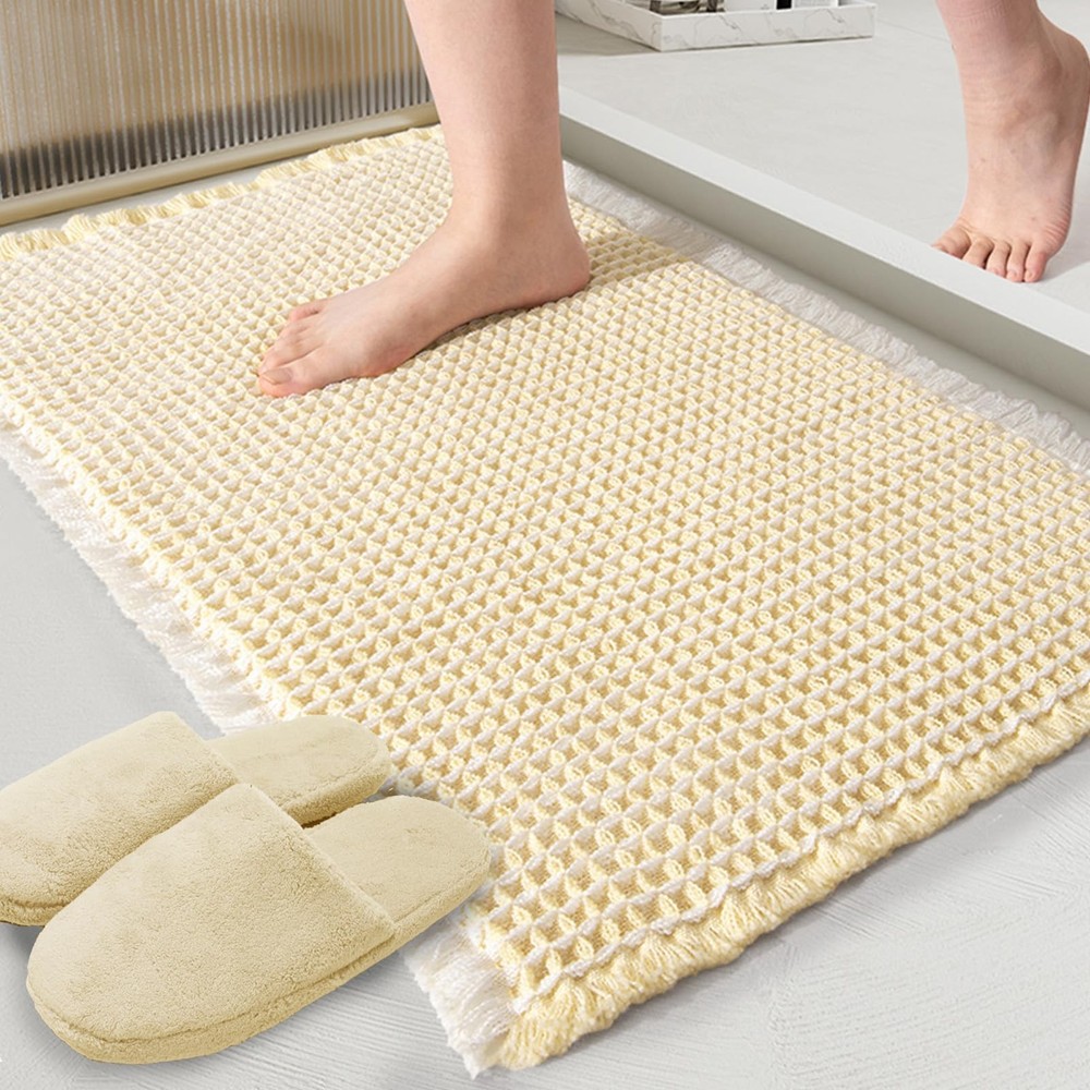 Beige Waffle Bath Mat,Super Absorbent Non Slip Bathroom Rug,Cream 17x24inch,M...