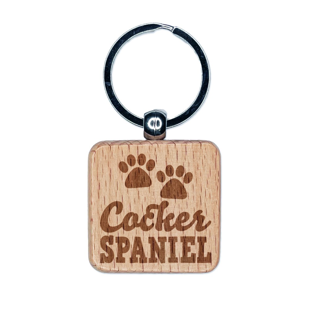 Cocker Spaniel Paw Print Engraved Wood Keychain Charm Tag