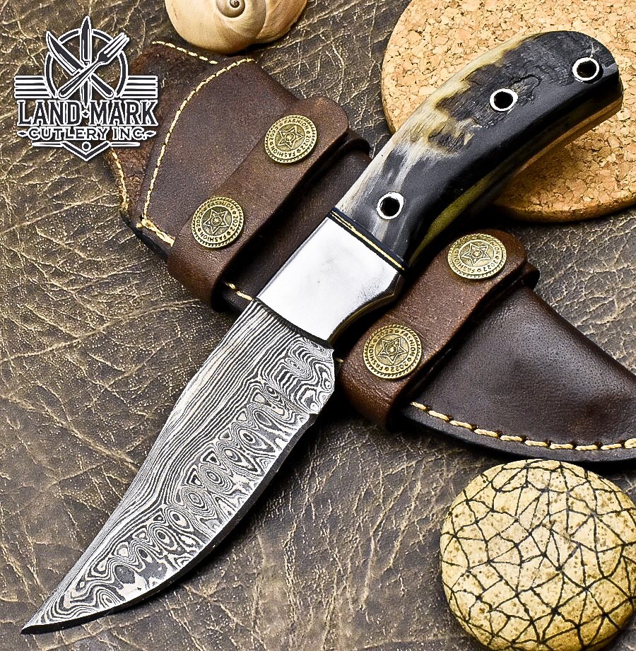 Custom Damascus Steel Hunting Skinner Knife with Ram Horn Handle