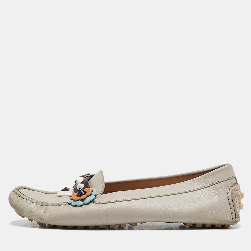 Fendi Grey Leather Studded Flowerland Loafers Women Size 38 EU