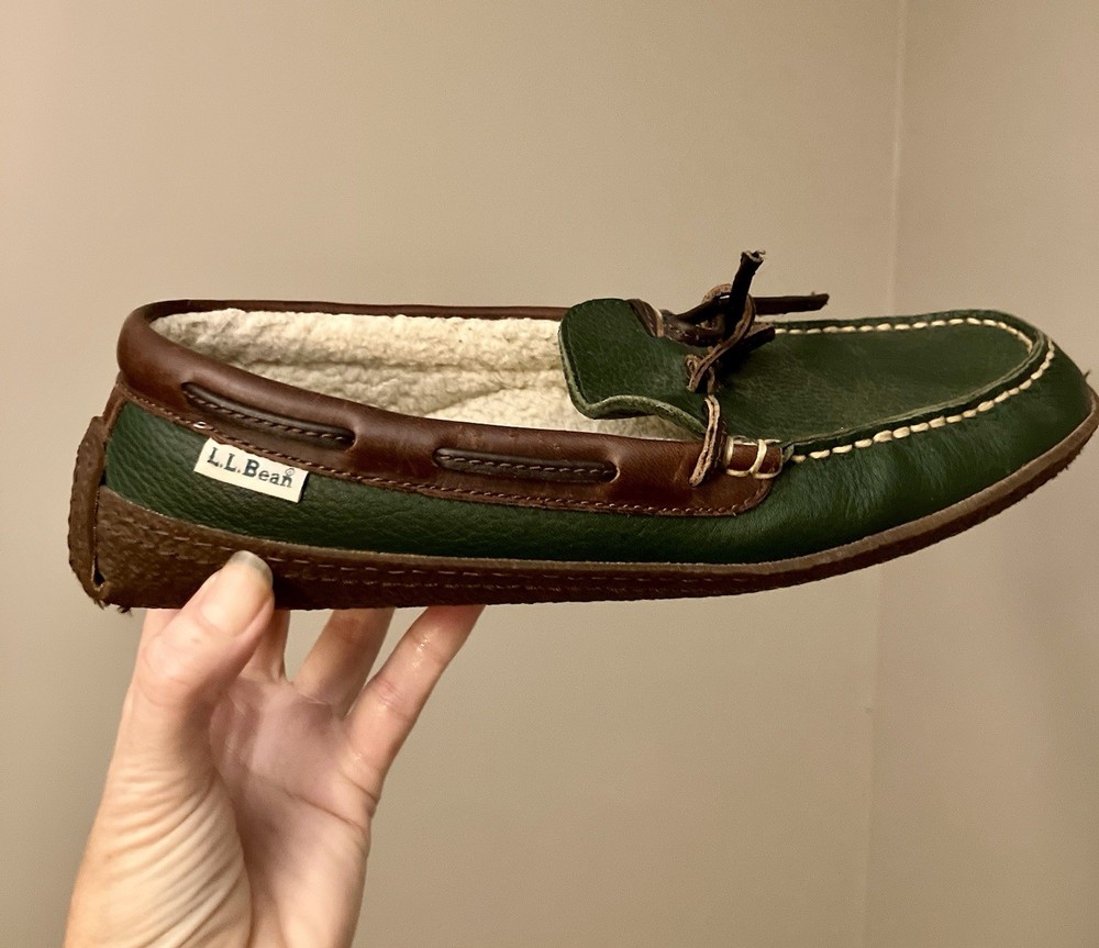 Vintage L.L. Bean  Moosehide Slipper Moccasins Shoes Green Leather Size 8
