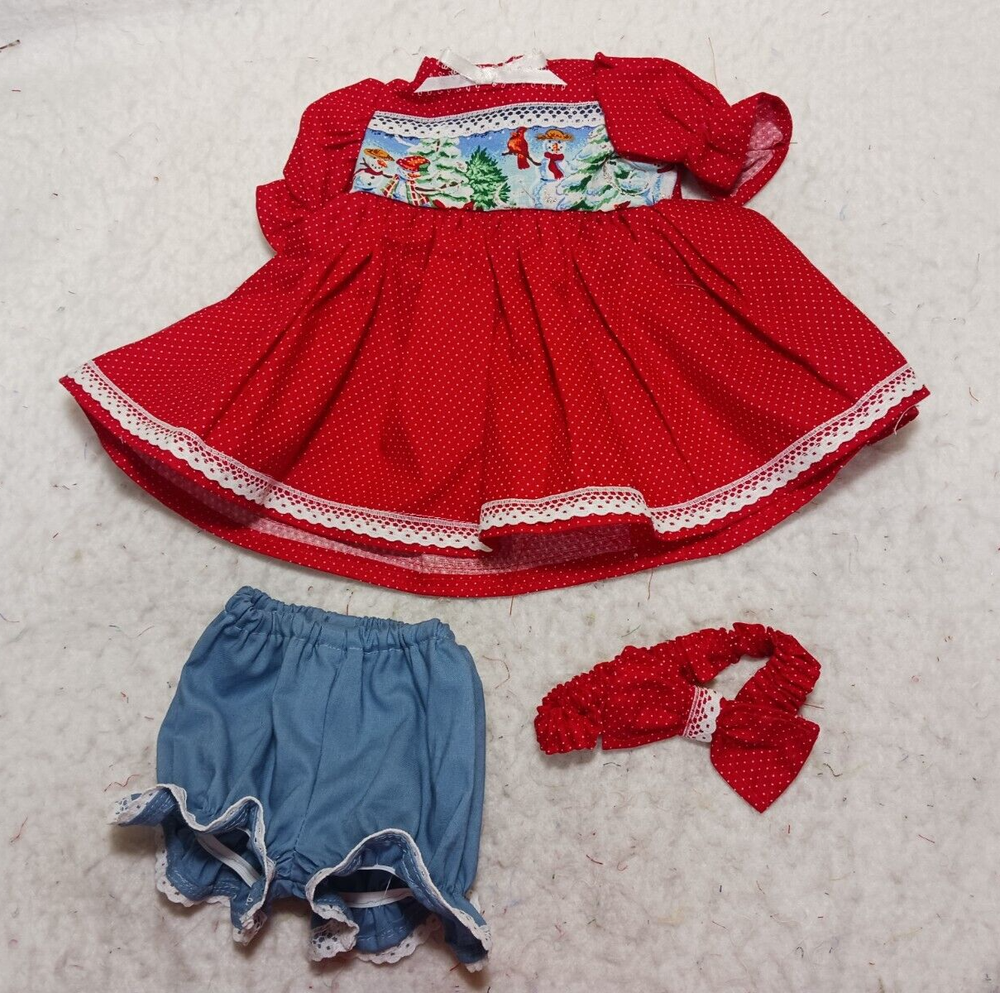 Snowmen & birds on red pindot  dress,  headband, blue panties--fits 15