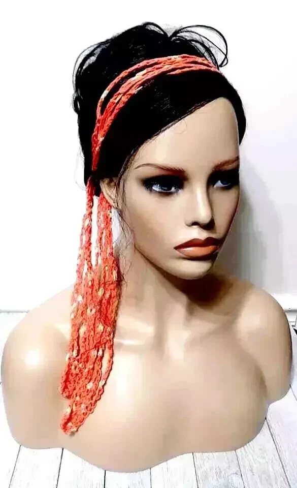 crochet womans handmade gypsy boho headband hair scarf tie wrap papaya