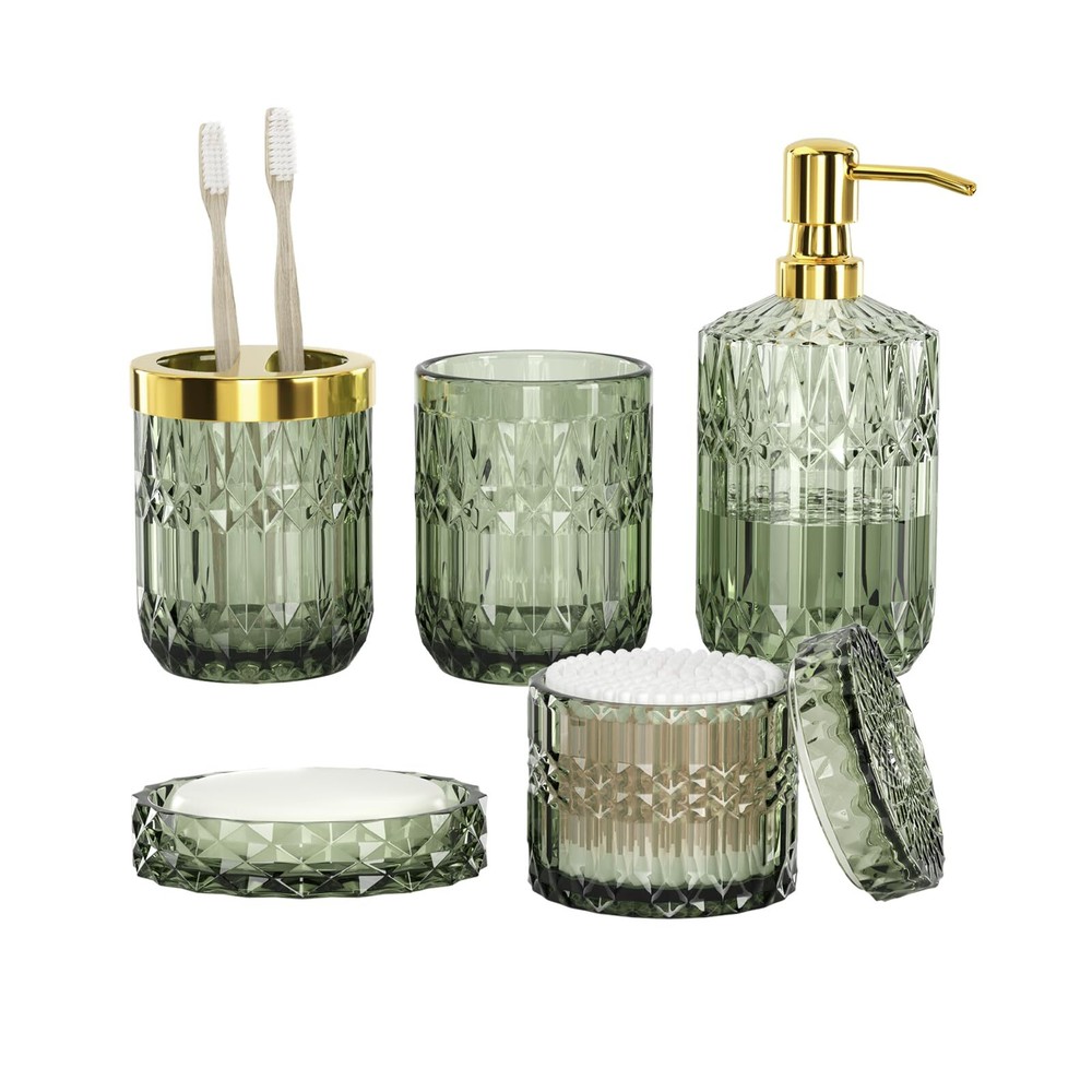 Green Bathroom Accessories Set 5 Pcs Glass Bathroom Decor With Soap Dispenser &